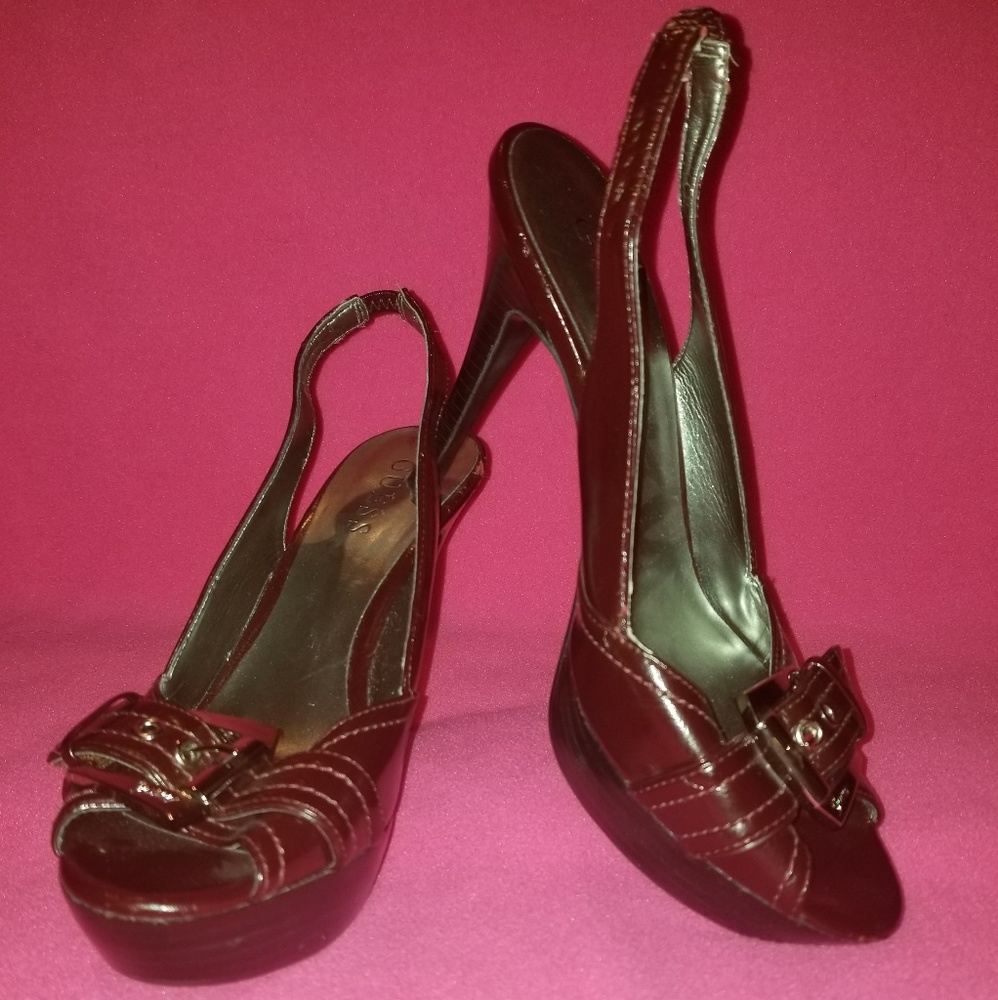 Guess Peep Toe Slingback Platform Heels - Brown